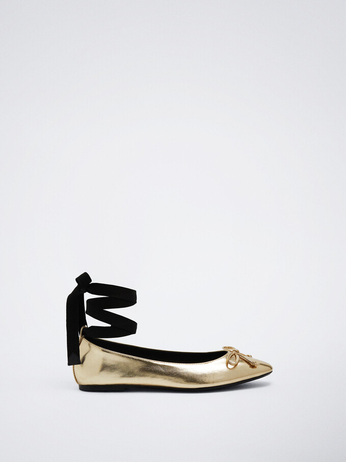 Ballerines Nouées Avec Nœud, Doré, hi-res