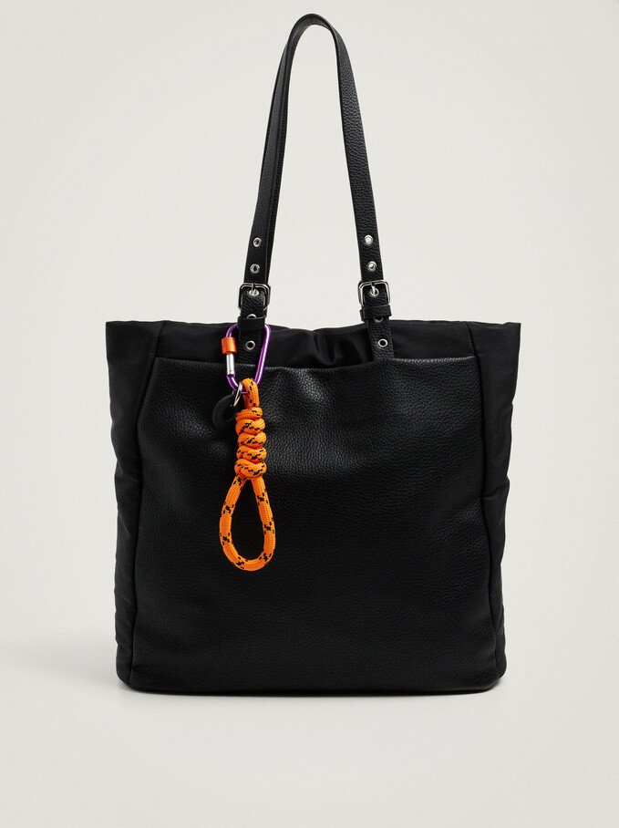 Nylon Shopper Bag With Pendant, Black, hi-res
