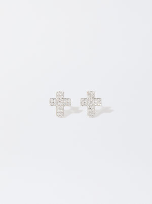 Silver-Plated Earrings With Cubic Zirconia And Crosses image number 1.0