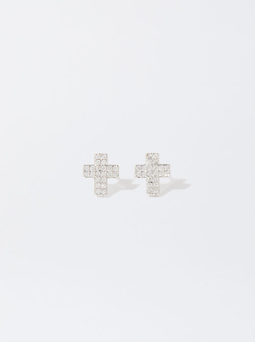 Silver-Plated Earrings With Cubic Zirconia And Crosses