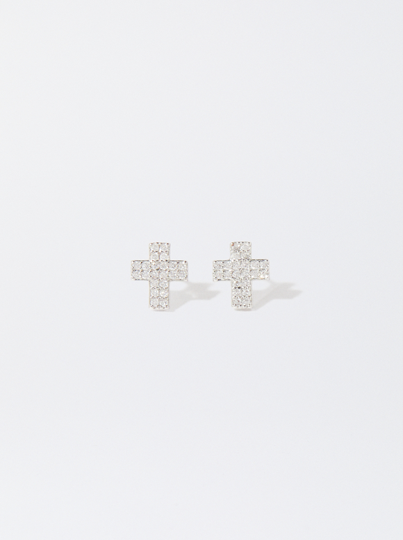 Silver-Plated Earrings With Cubic Zirconia And Crosses, Silver, hi-res