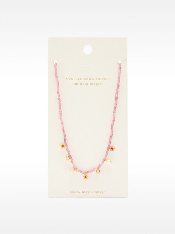 Stone bead necklace with freshwater pearl - sterling silver 925