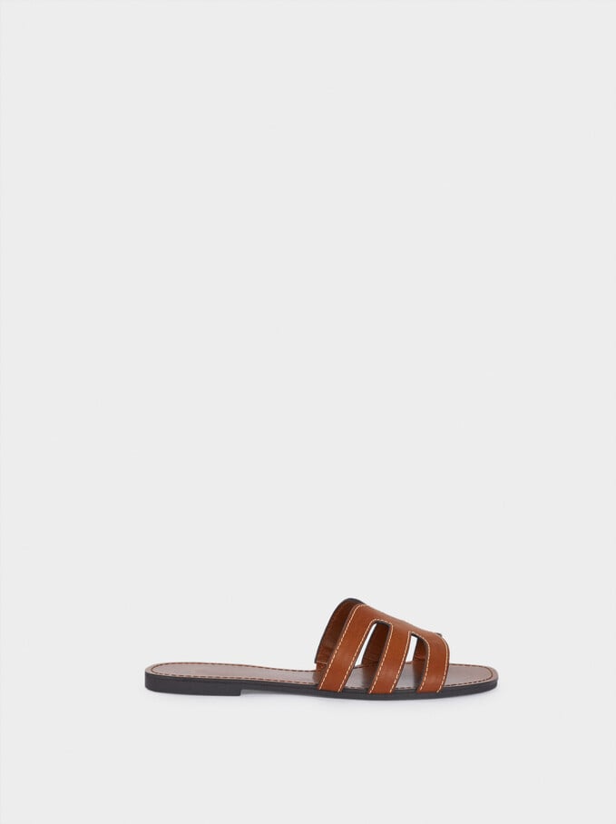 Flat Sandals With Topstitching On Straps, Camel, hi-res