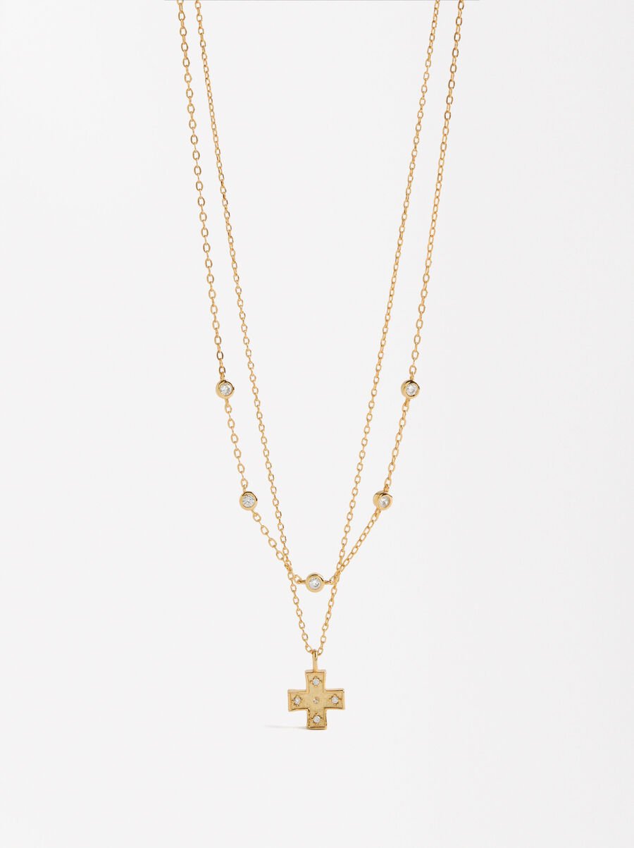 Double necklace with zirconias and cross - 925 sterling silver