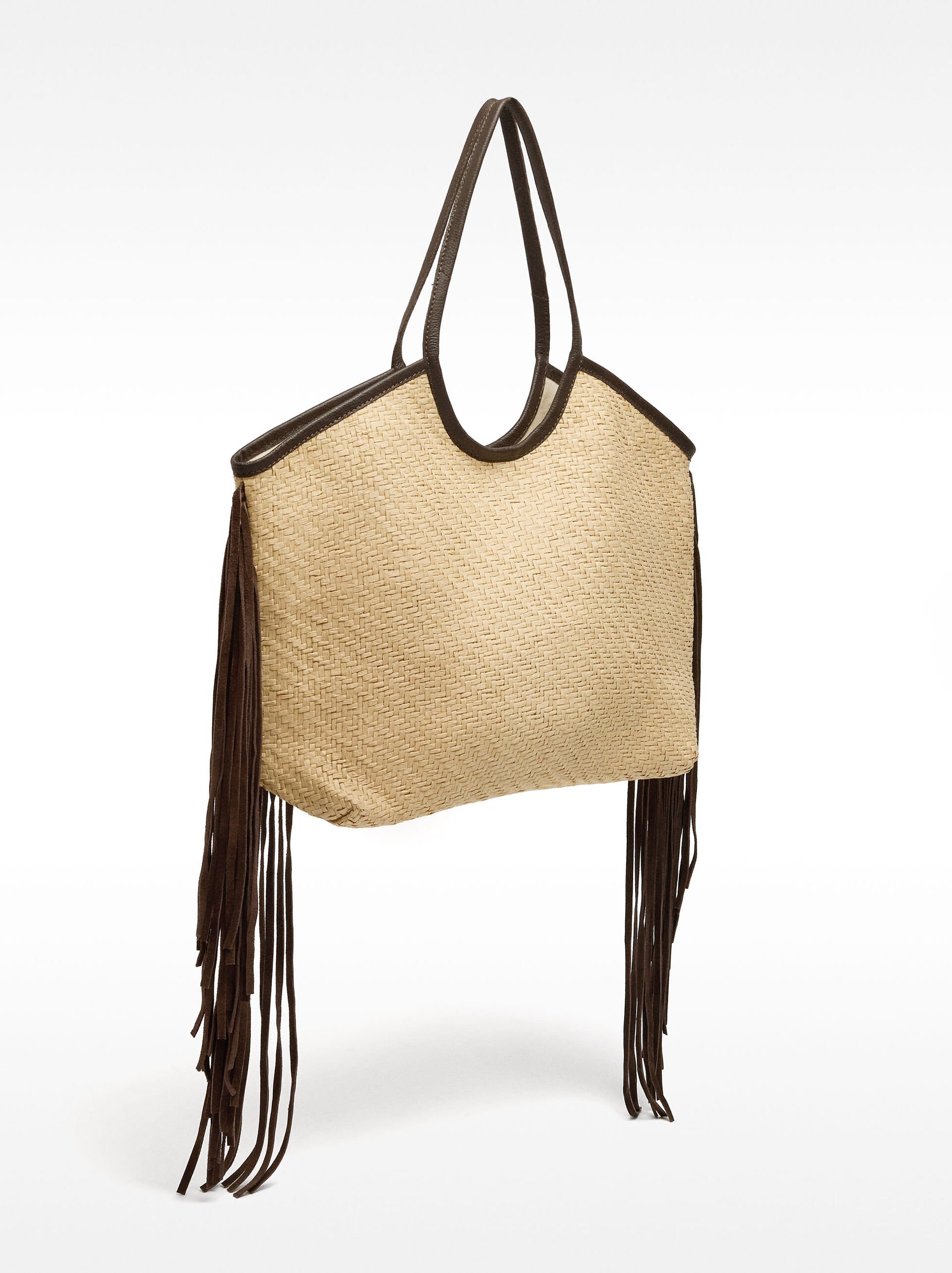 Borsa shopper in rafia con frange in pelle image number 3.0