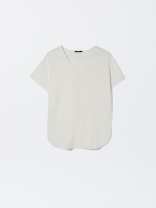 V-Neck Basic T-Shirt, White, hi-res