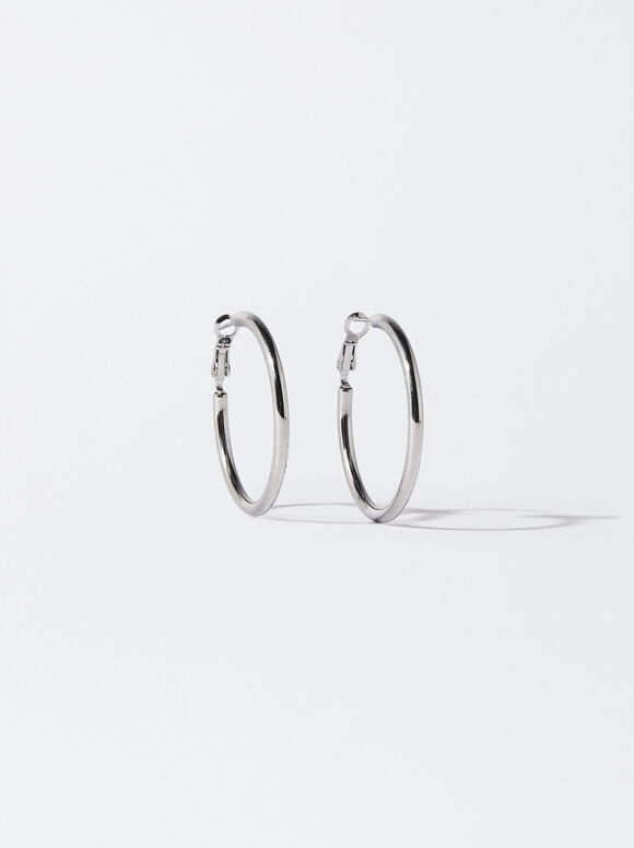 Stainless Steel Golden Hoop Earrings, Silver, hi-res