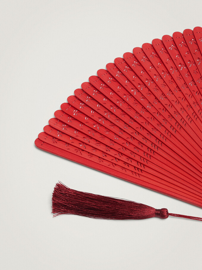 Bamboo Perforated Fan, Red, hi-res