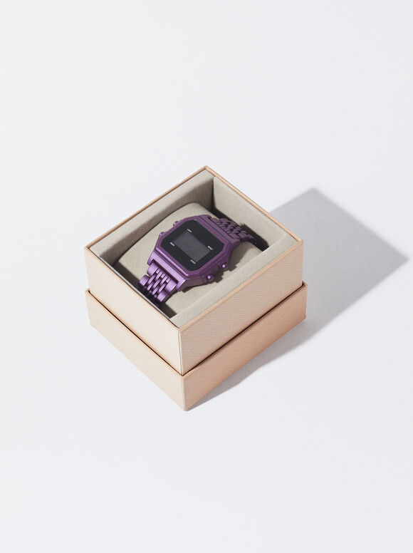 Digital Watch With Metallic Mesh Wristband, Purple, hi-res