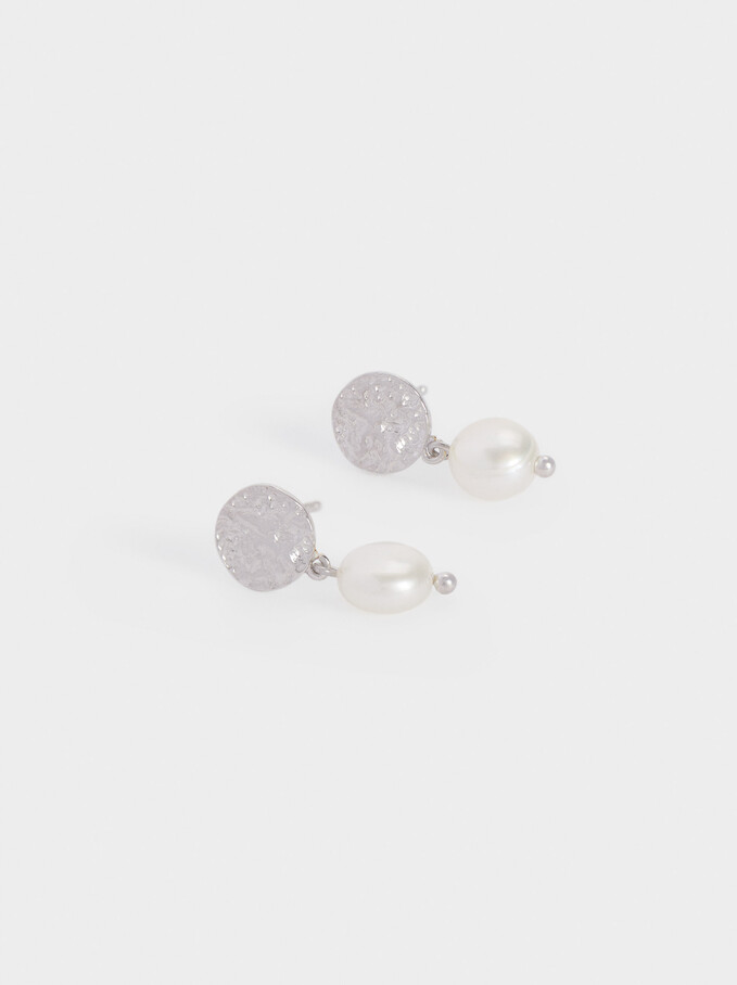 Short 925 Silver Earrings With Faux Pearls, Silver, hi-res