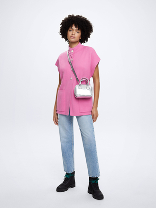 Knit Short-Sleeved Poncho, Pink, hi-res
