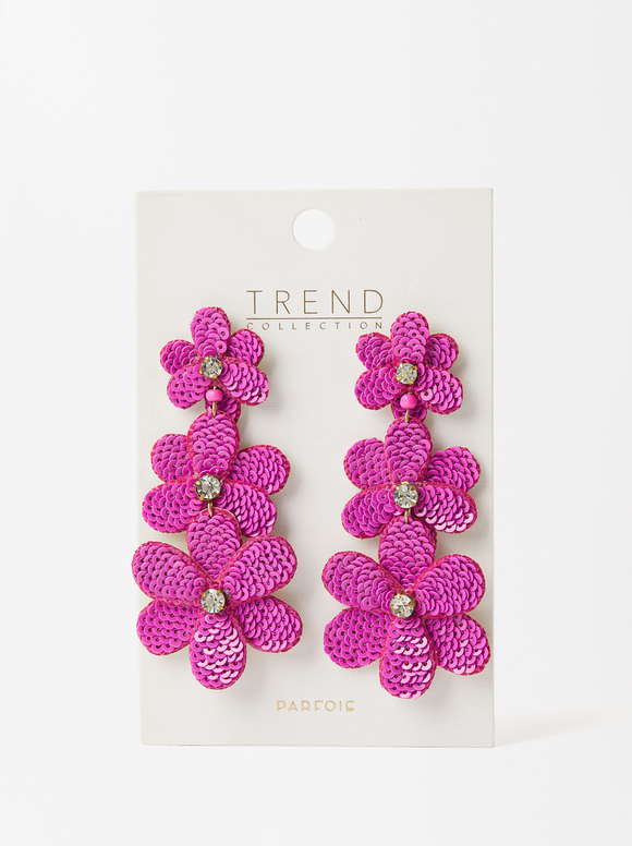 Long Flower Earrings, Purple, hi-res
