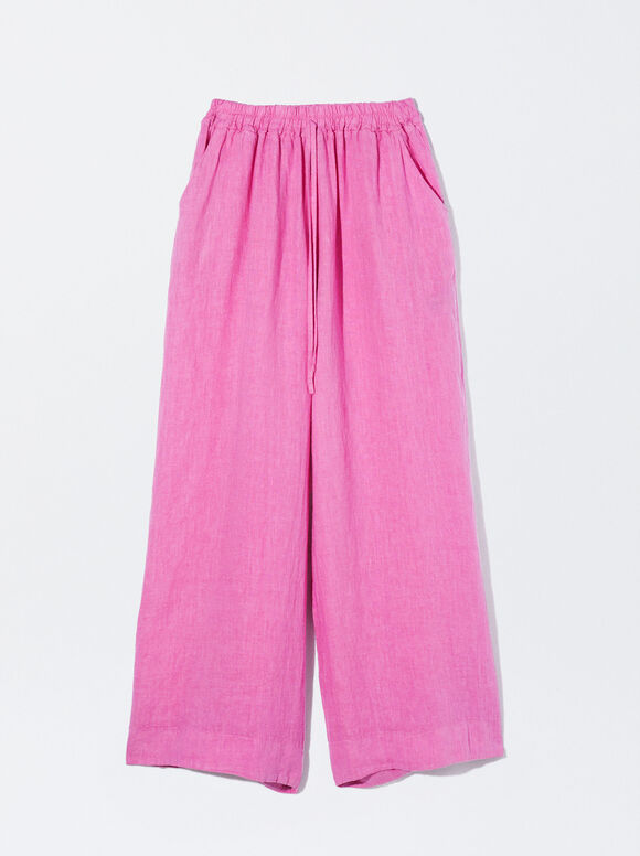 Flowing Trousers 100% Linen , Pink, hi-res