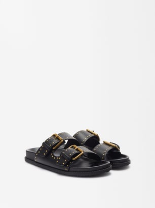 Flat Sandals With Buckles And Studs, Black, hi-res