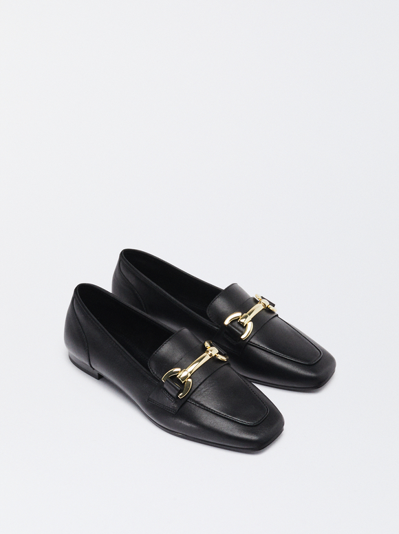 Leather Loafers With Buckle, Black, hi-res