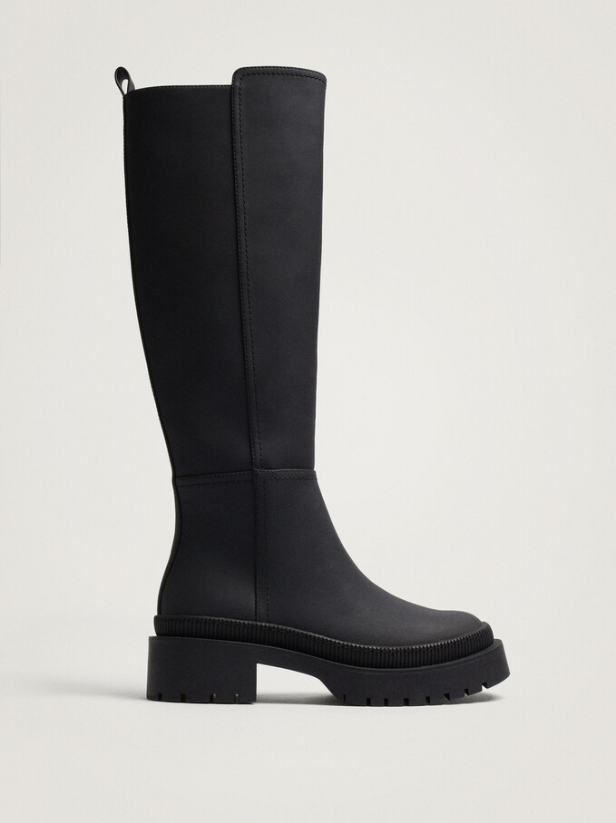 Knee-High Leg Rubber Boots, Black, hi-res