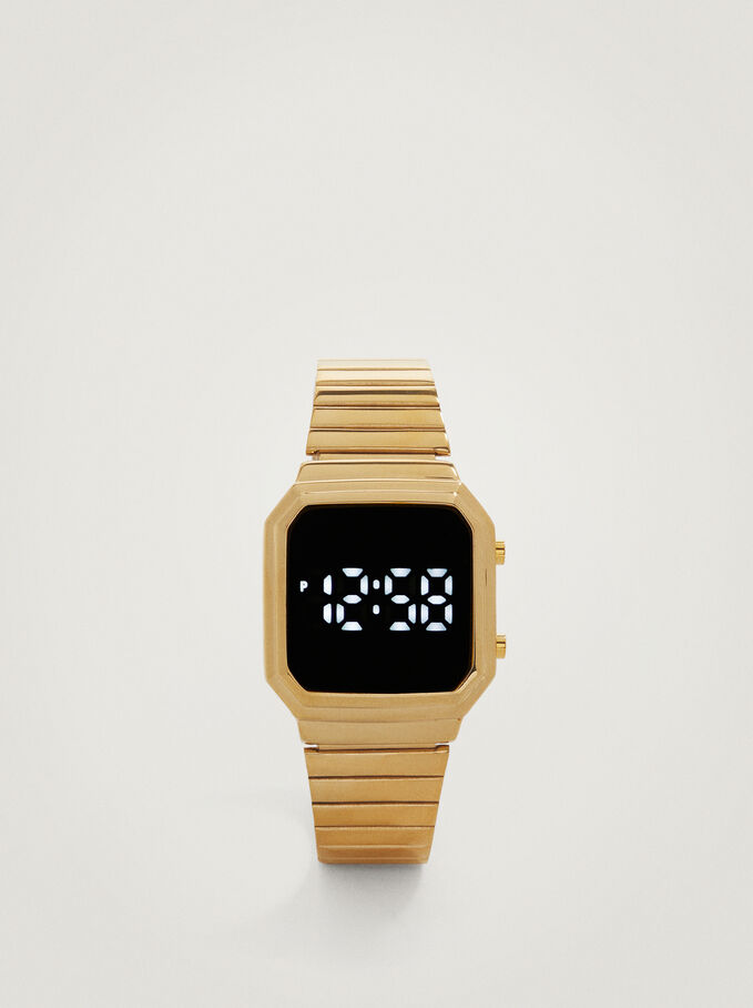 Relógio Digital Com Mostrador Quadrado, Dourado, hi-res