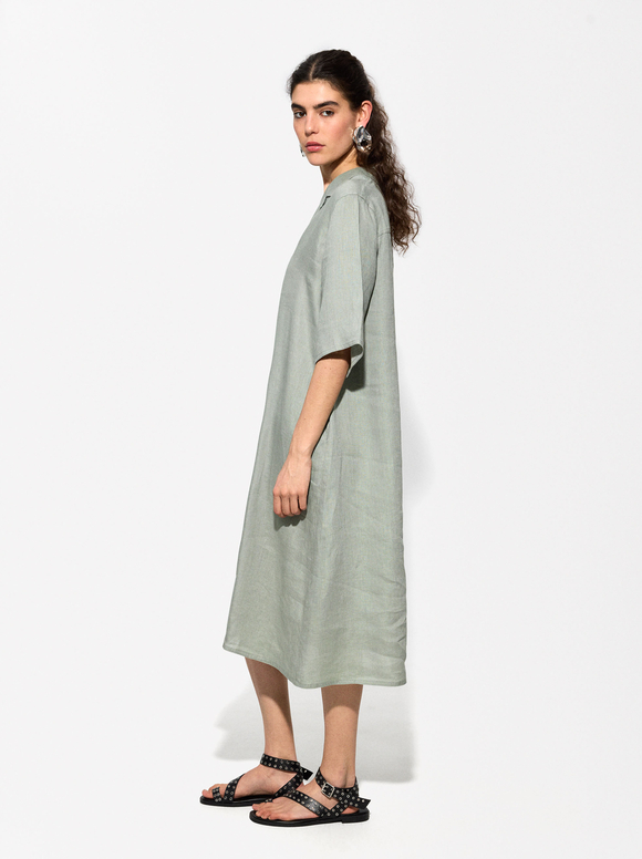 100% Linen Dress, Green, hi-res