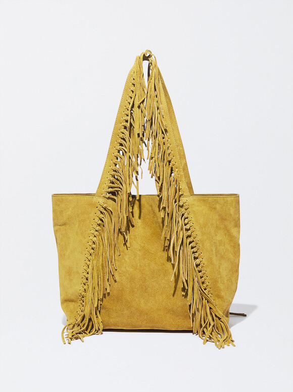 Leather Tote Bag With Fringes, Mustard, hi-res