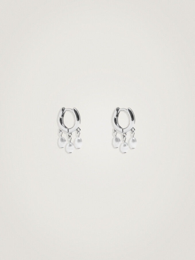 925 Silver Hoop Earrings With Freshwater Pearl, Beige, hi-res