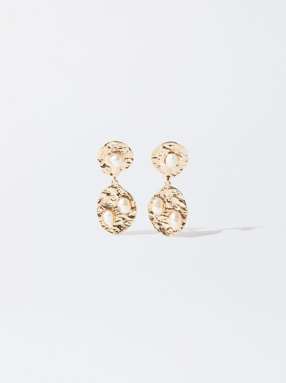 Golden Earrings With Pearls, White, hi-res