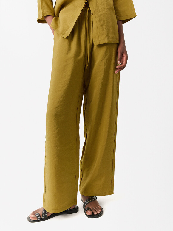 Adjustable Loose-Fitting Trousers Pants With Drawstring, Yellow, hi-res