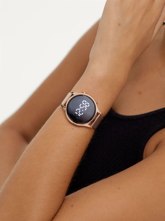 Digital Watch With Steel Wristband, Orange, hi-res