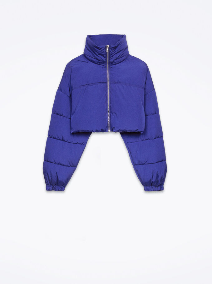 Cropped Quilted Coat, Blue, hi-res