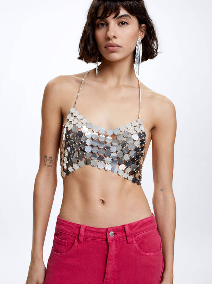 Cropped-Top Mit Metall-Applikationen, Silber, hi-res