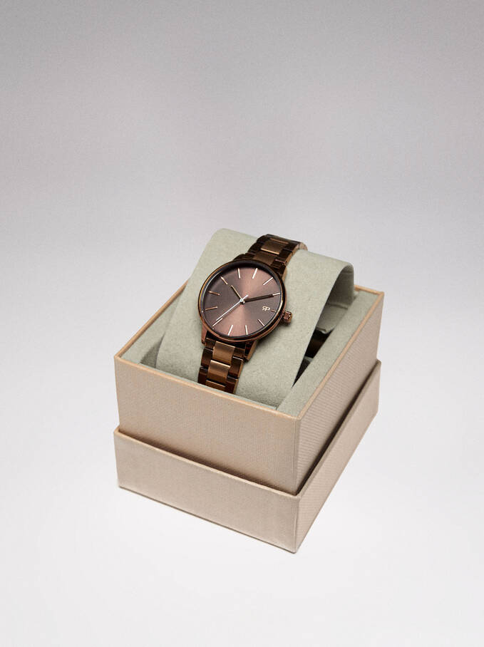 Watch With Two-Toned Steel Strap, Brown, hi-res