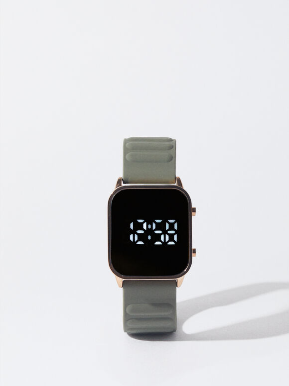 Digital Watch With Silicone Strap, Khaki, hi-res