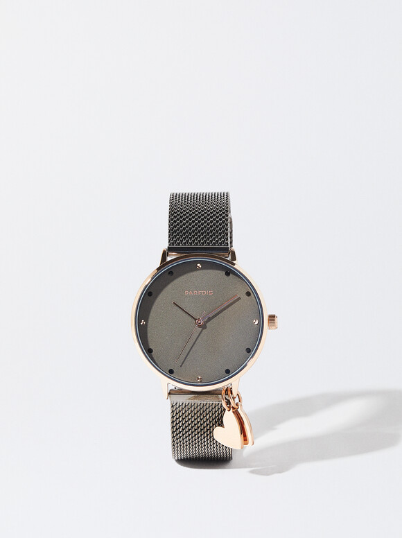 Reloj De Acero Con Corazones, Negro, hi-res