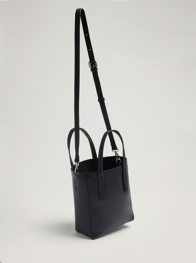 Leather Shopper Bag, Black, hi-res