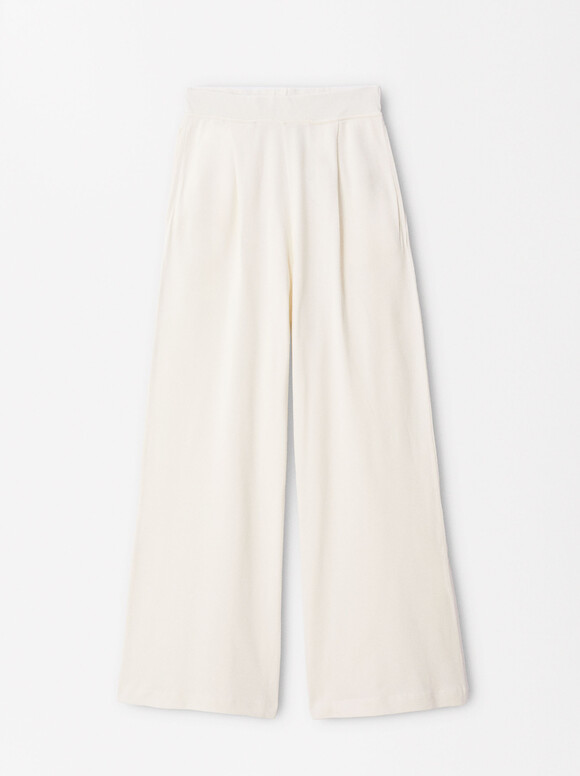 100% Cotton Elastic Waist Pants , White, hi-res