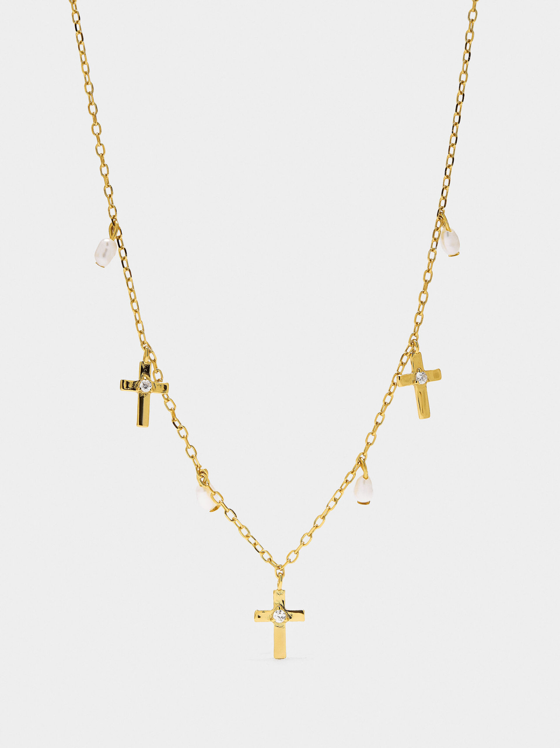 Necklace with crosses and freshwater pearls - 925 sterling silver image number 0.0