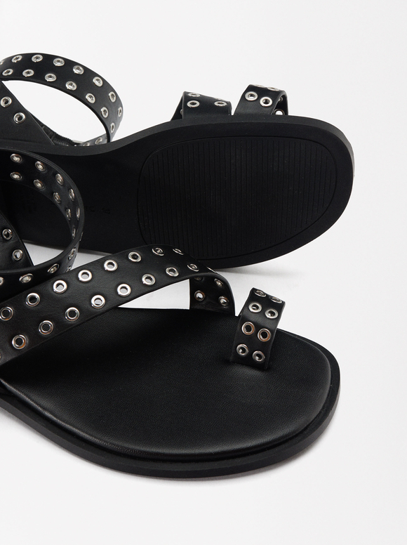 Flat Sandals With Studs , Black, hi-res