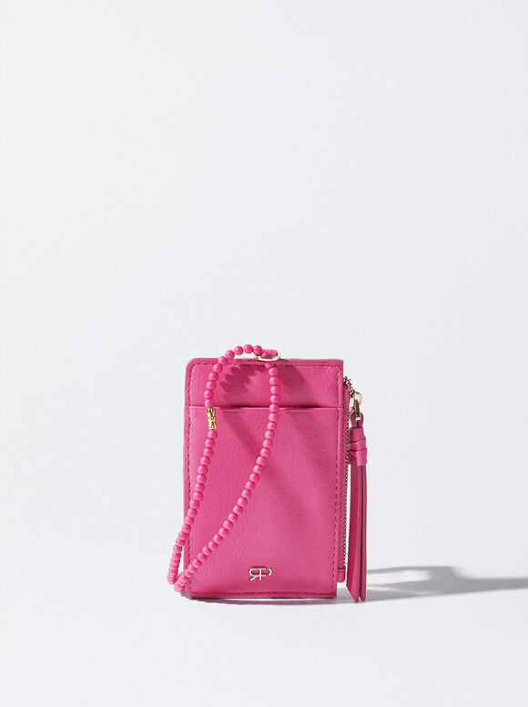Card Holder With Beaded Strap, Pink, hi-res