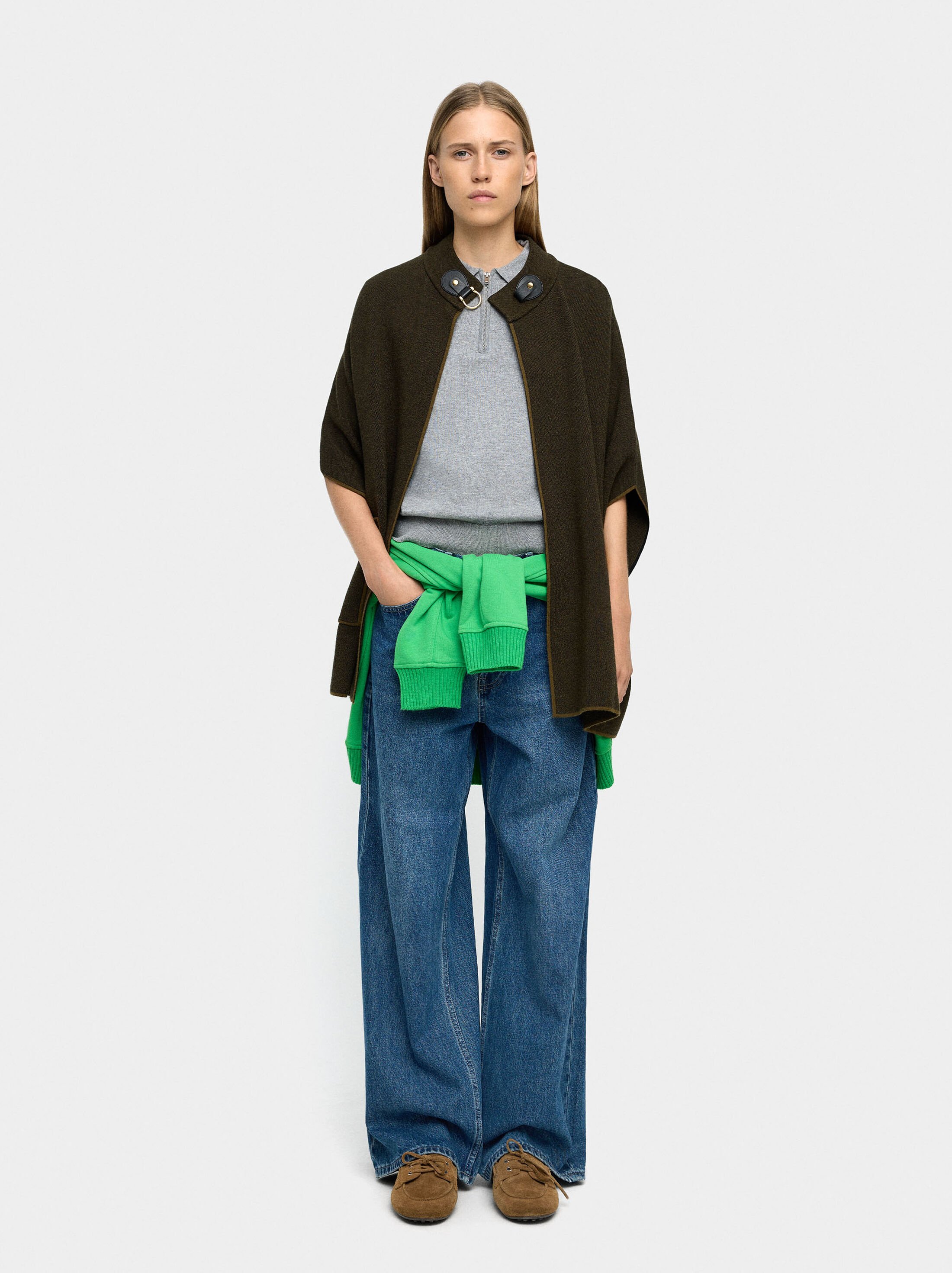 Knitted poncho with stitching detail image number 0.0