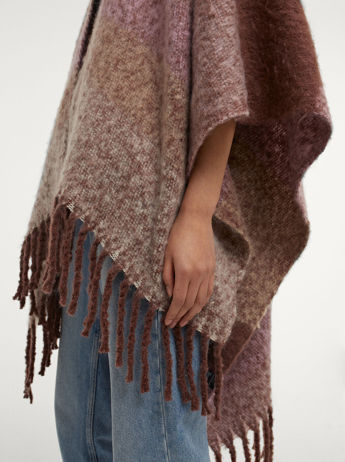 Knit Poncho With Fringes, Pink, hi-res