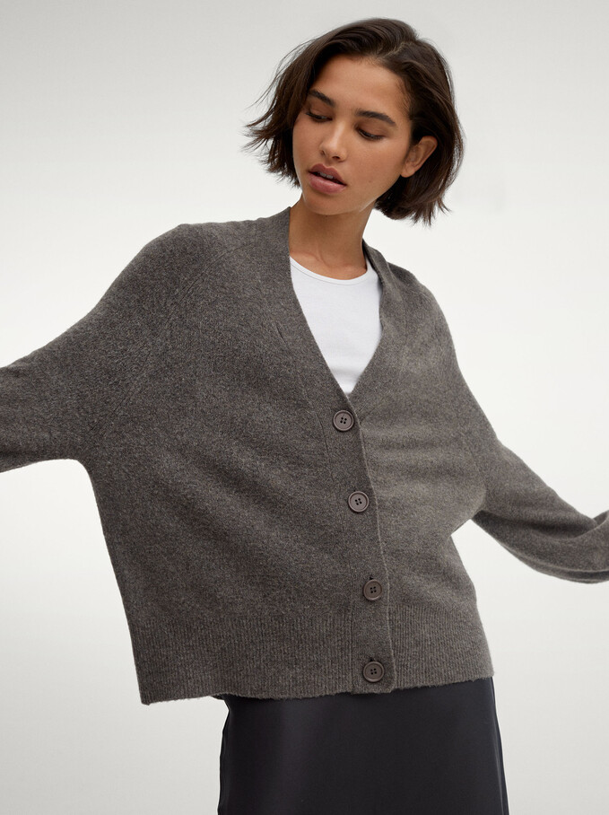 Knitted Cardigan With Buttons, Grey, hi-res