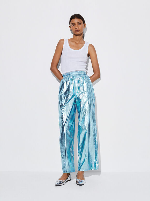 Metallic Wide Leg Pants, Blue, hi-res