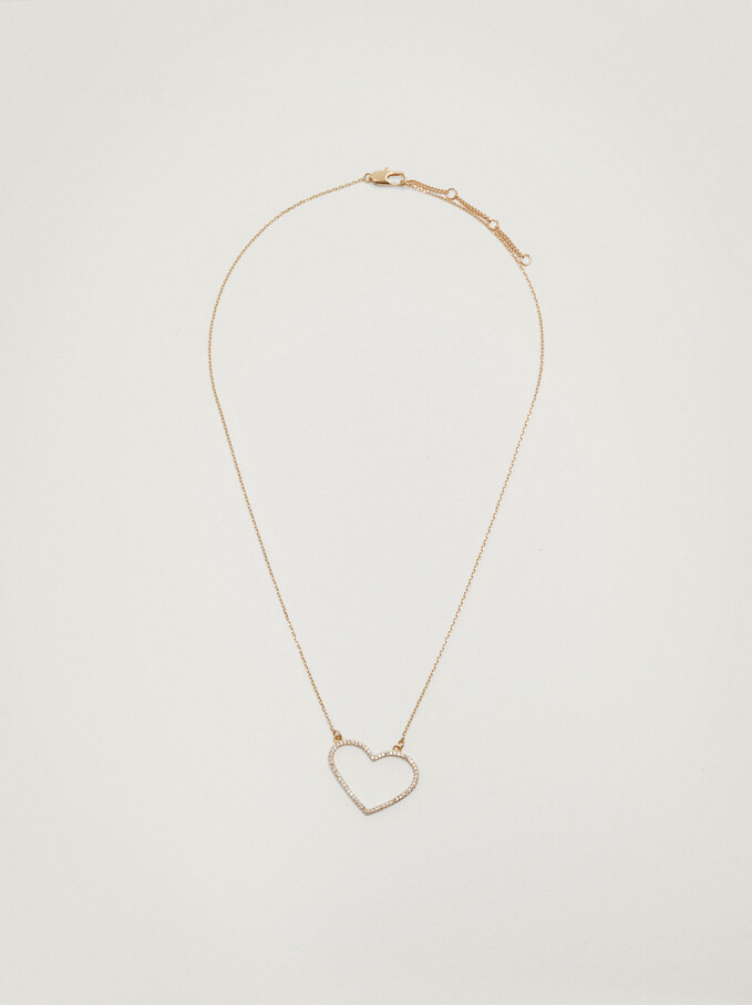 Short Necklace With Heart And Zirconia, Golden, hi-res