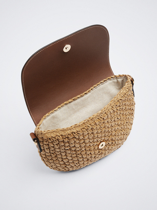 Straw Crossbody Bag, Camel, hi-res