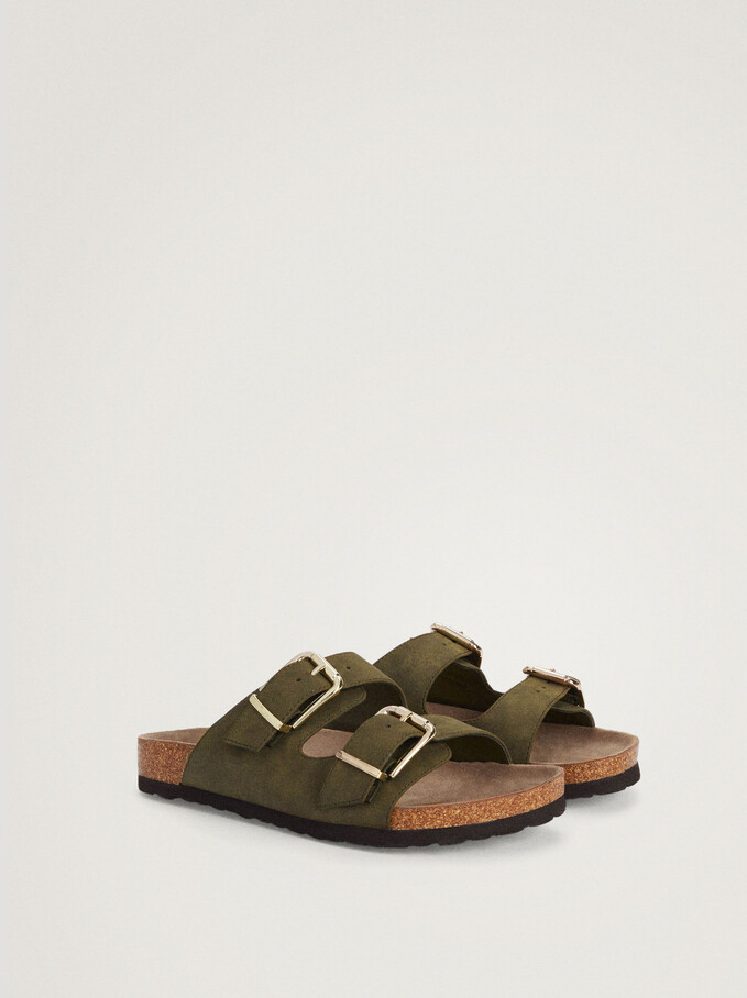Flat Buckled Sandals, Khaki, hi-res