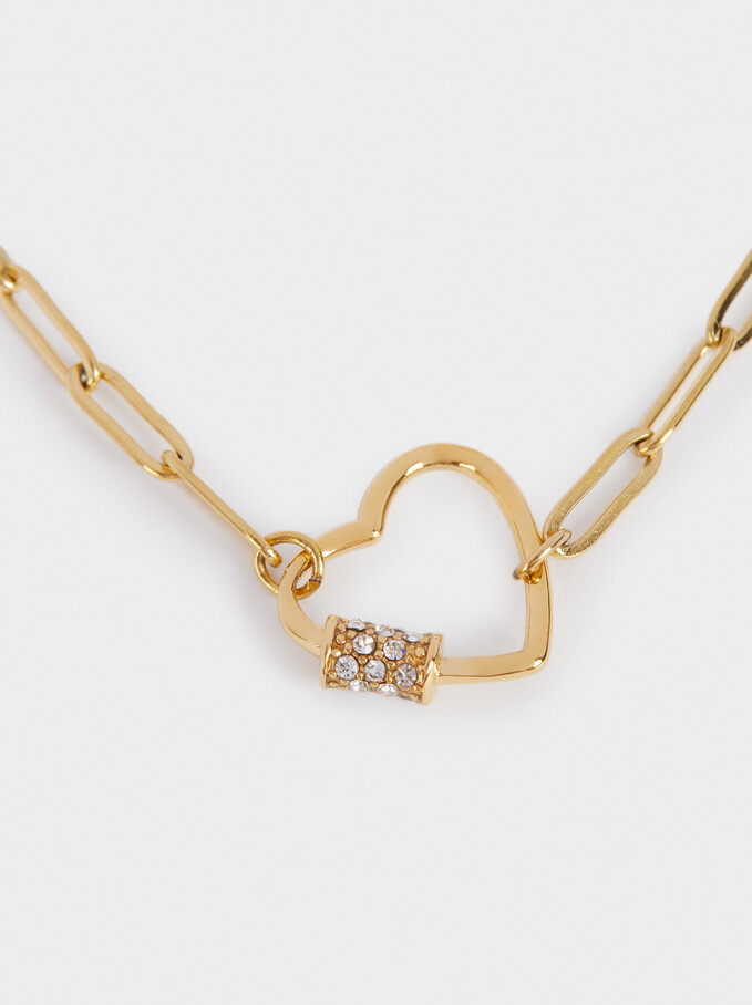 Short Stainless Steel Chain Necklace With Heart, Golden, hi-res