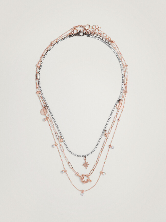 Set Of Contrast Necklaces With Star And Zirconia, Orange, hi-res