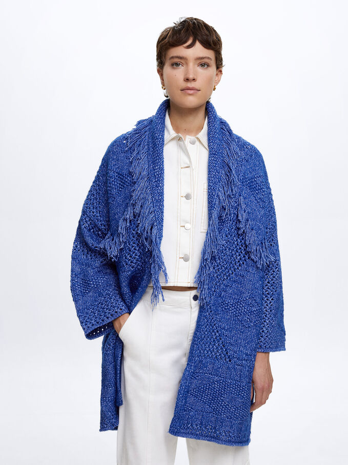 Knit Poncho With Fringes, Blue, hi-res