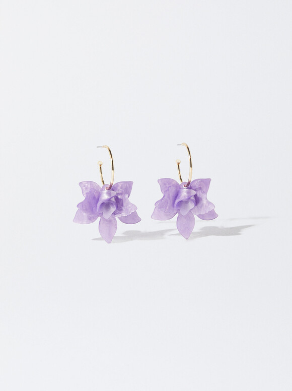 Flower Hoop Earrings, Purple, hi-res