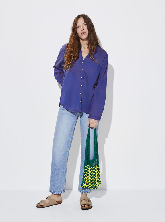 Long-Sleeved Cotton Shirt, Blue, hi-res