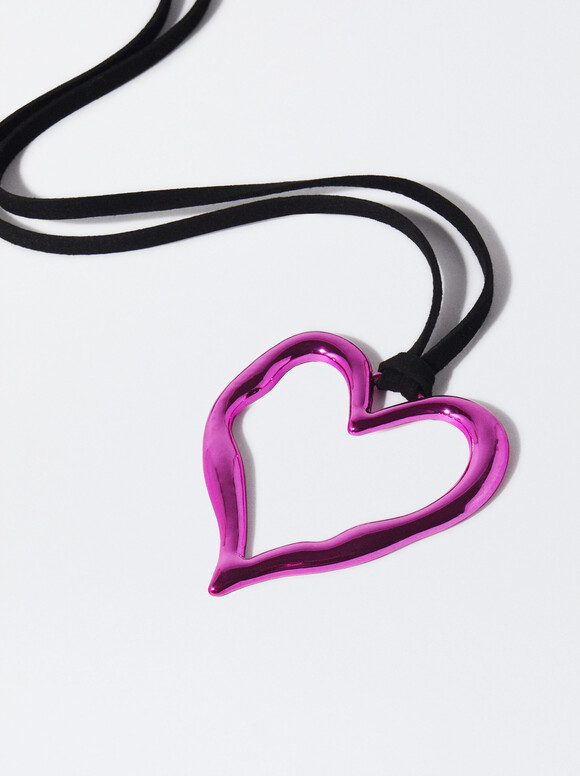 Metallic Heart Rope Necklace, Pink, hi-res